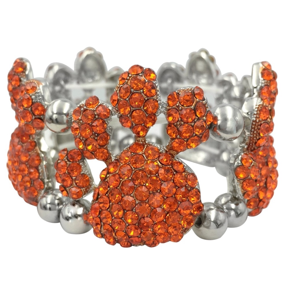 Large Orange Rhinestone Paw Print School Spirit Big Statement Stretch Bracelet